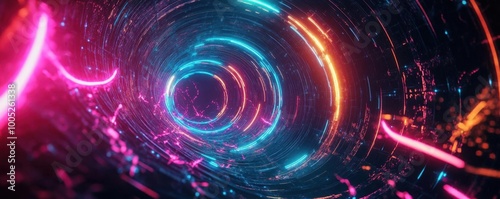 3D 2029 in glowing neon colors, surrounded by swirling energy particles, placed in a dark scifi environment with digital elements