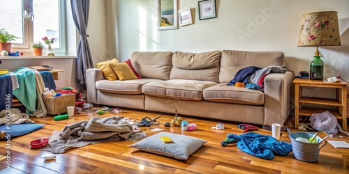 Messy living room with dirty sofa and chaos on floor, clutter, disorganized, untidy, messy, chaos, living room, interior, home photo