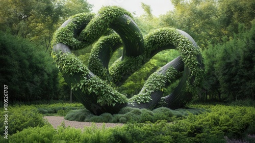 A 2028 text formed by intertwining plants and greenery, signifying ecofuturism, with the backdrop of a vibrant forest or urban green space photo