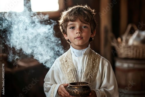 Young Boy in White Robe Holding Incense Burner with Smoke Rising