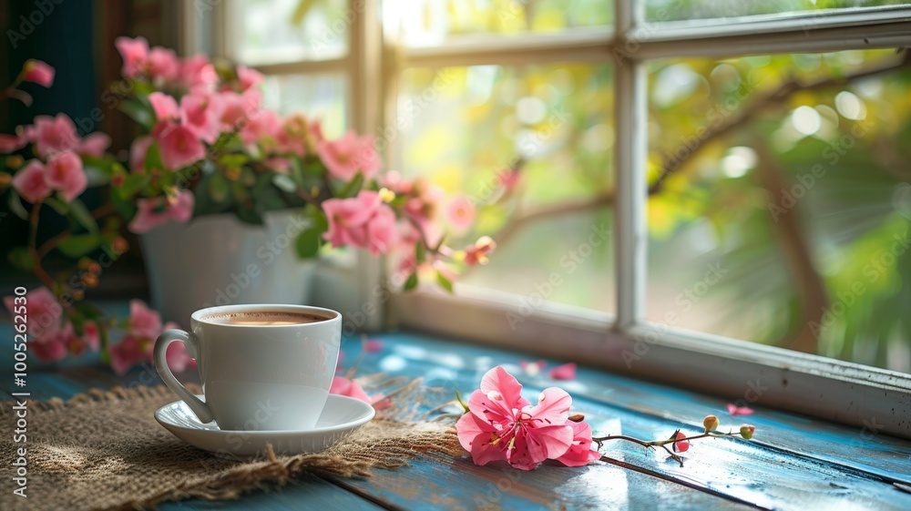 cup of a coffee on a table with flowers - ai cup of a coffee on a table with flowers - ai