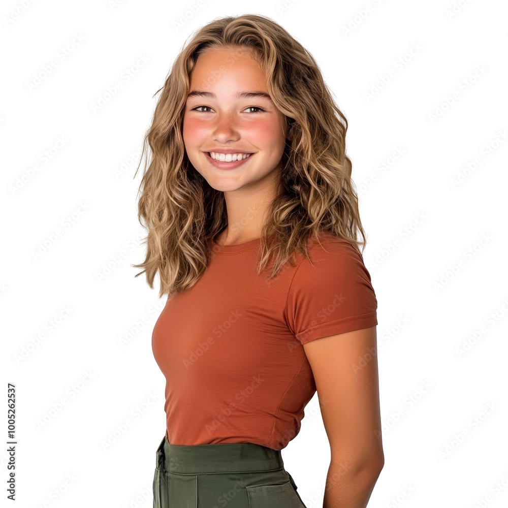 Ein frhliches Mdchengesicht mit einem Lcheln, das in einer kreativen, farbenfrohen Umgebung posiert.