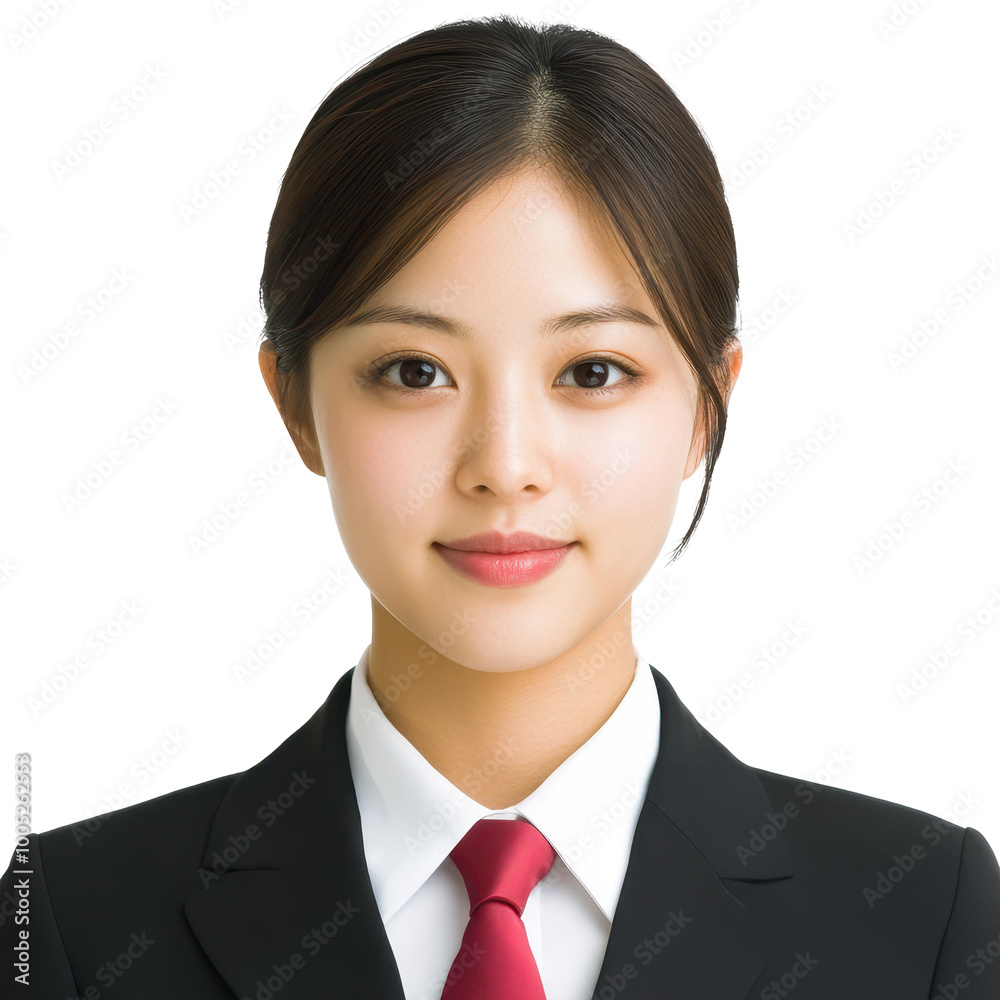 A professional young woman in a black suit, white shirt, and red tie poses against a plain white backdrop for her ID photo. A professional young woman in a black suit, white shirt, and red tie poses against a plain white backdrop for her ID photo.