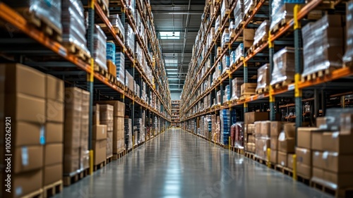 Rows of shelves with products neatly organized in an international warehouse, inventory storage, global warehouse management