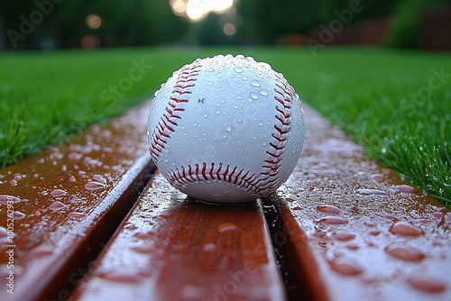 A wet baseball resting on a wooden bench in a park after rainfall during early morning before a game. Generative AI photo