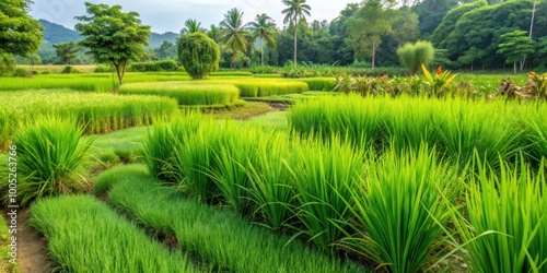 A farm garden filled with lush greenery of Cynodon dactylon, rice, and lemongrass , farm, garden, planting photo