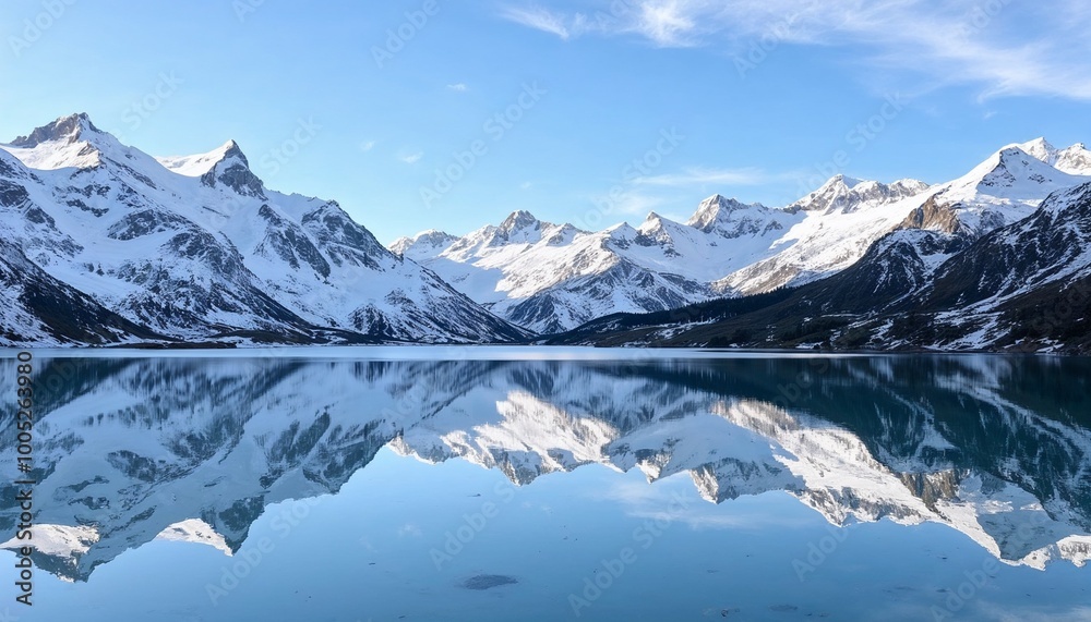 Stunning mountain landscape reflected in serene clear lake under blue sky Stunning mountain landscape reflected in serene clear lake under blue sky