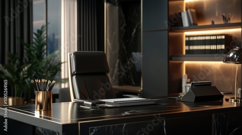 Modern workplace with dark luxury style with copy space and office supplies