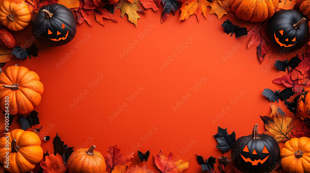 Halloween Background with Decorations with Pumpkins, and Skeleton Hand Holding Candy on Orange Background with Central Blank Space for Text or Graphics Halloween Background with Decorations with Pumpkins, and Skeleton Hand Holding Candy on Orange Background with Central Blank Space for Text or Graphics