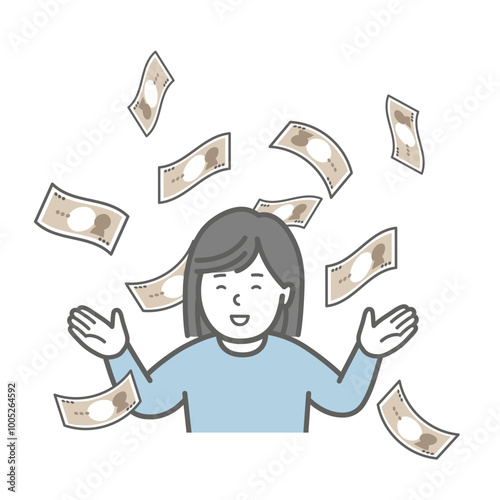 舞い散るお金と女性のイラスト