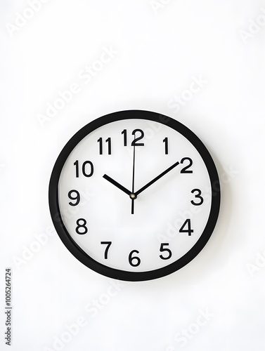 A simple black and white clock on a white wall with the time at 1200.