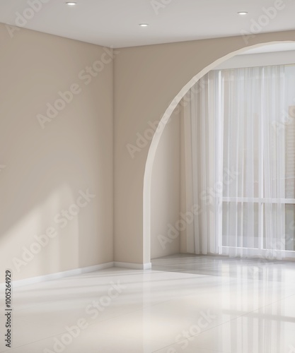 Luxury, modern empty room with arch, beige wall in sunlight from white sheer curtain window for interior design decoration, product background 3D