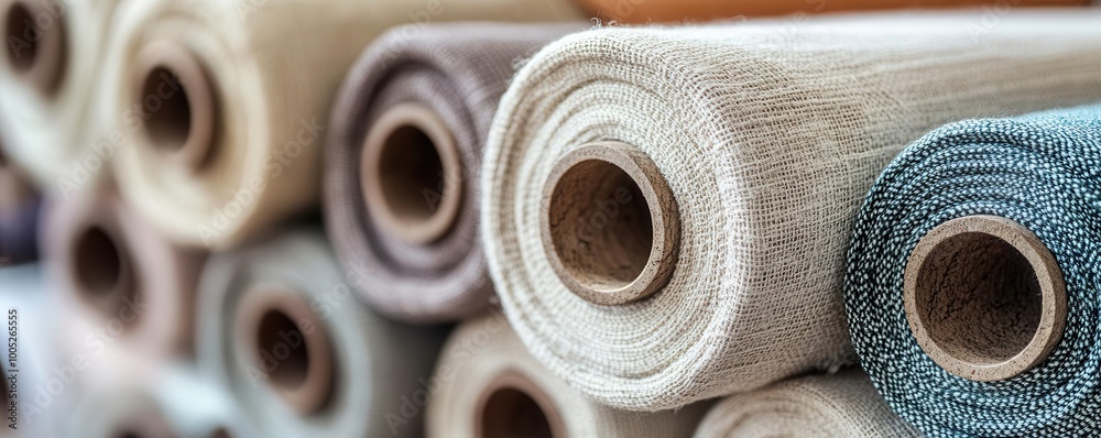 Close-up of organic linen fabric rolls in a sustainable fashion studio, organic fabrics, eco-friendly textiles Close-up of organic linen fabric rolls in a sustainable fashion studio, organic fabrics, eco-friendly textiles