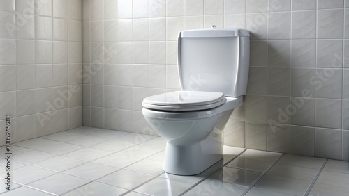 Modern toilet with white porcelain bowl, silver flush handle, and tiled flooring, bathroom, hygiene, clean, water closet