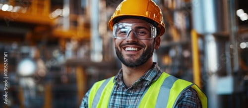 Portrait of a smiling construction worker wearing a hardhat and safety glasses in a factory setting. photo