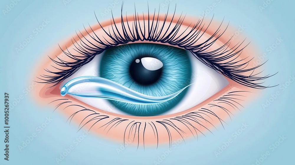 Digital illustration of an eye with visible dryness, being relieved by drops that create a wave of moisture, eye hydration, comforting drops Digital illustration of an eye with visible dryness, being relieved by drops that create a wave of moisture, eye hydration, comforting drops
