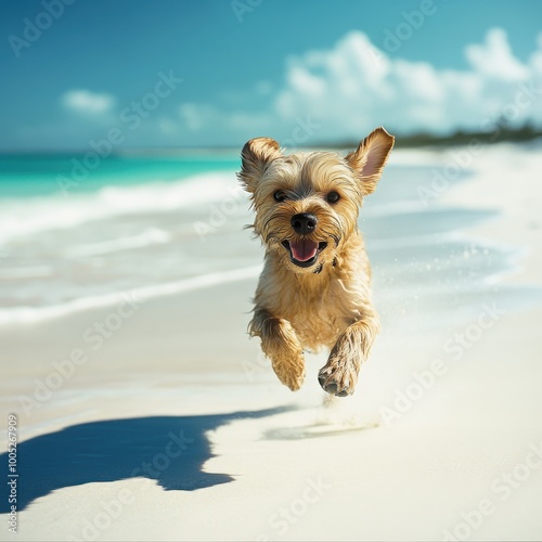 Joyful Small Dog Running on Tropical Beach with Crystal Clear Water and Blue Sky Background Capturing Pure Happiness in Motion