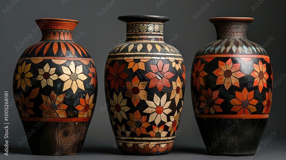 Three Intricate Ceramic Vases with Floral Motifs Three Intricate Ceramic Vases with Floral Motifs