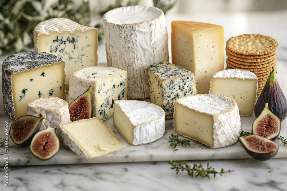 A Variety of Cheeses, Figs, and Crackers on a Marble Cutting Board A Variety of Cheeses, Figs, and Crackers on a Marble Cutting Board