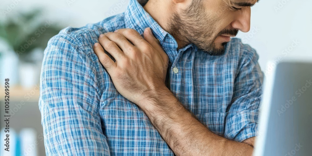 Obraz premium Man experiencing shoulder pain while working at a computer.