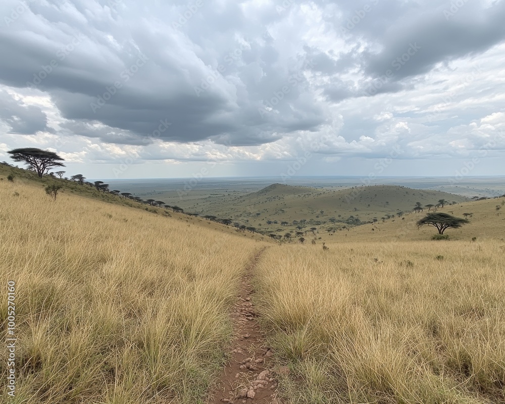 Stunning African Savanna Landscape Under Overcast Sky with Rolling Hills and Lone Trees - Perfect for Nature and Wildlife Enthusiasts Stunning African Savanna Landscape Under Overcast Sky with Rolling Hills and Lone Trees - Perfect for Nature and Wildlife Enthusiasts