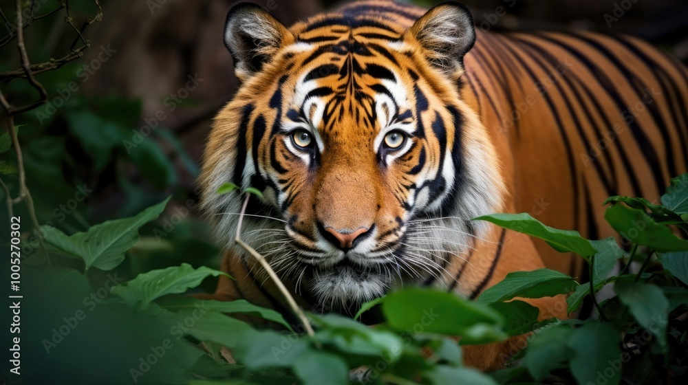 Fototapeta premium Close-up of a tiger in its natural habitat. Wild tiger in the middle of plants staring at the camera. backgrounds of amazing animals in their natural habitat