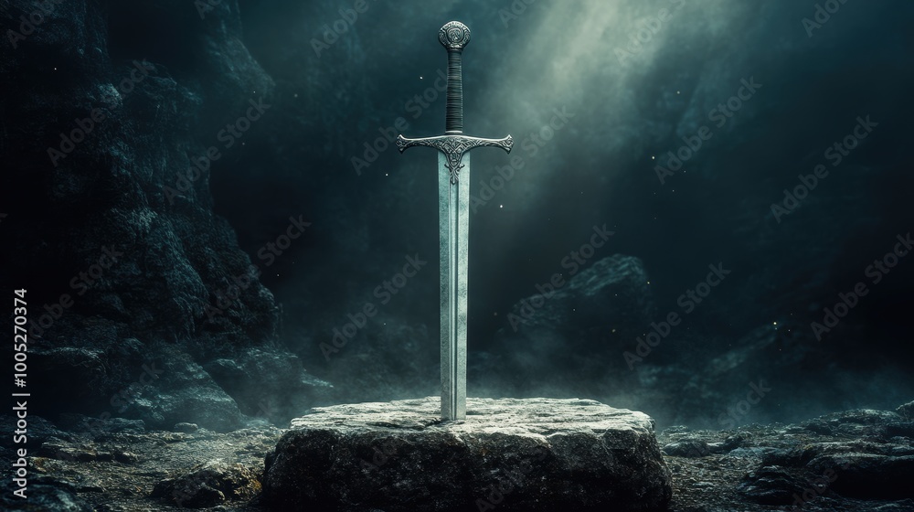 Naklejka premium Magical Sword in Mystical Underwater Scene