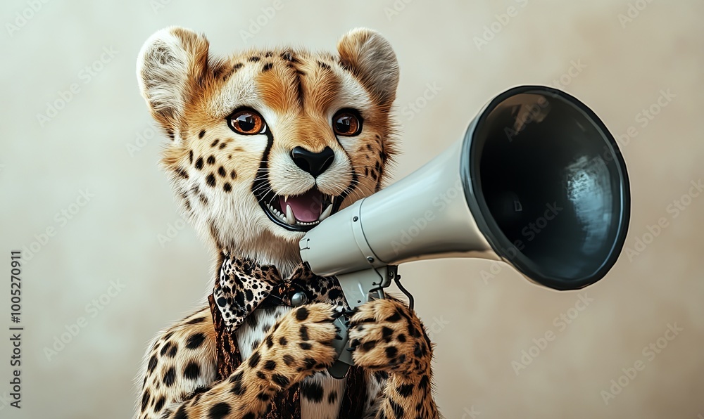Fototapeta premium A cheetah wearing a bow tie holds a megaphone and looks directly at the camera with a joyful expression.