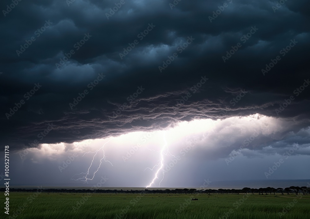 Obraz premium Intense Thunderstorm Over Open Field Captured with Striking Lightning Bolt Under Dark, Ominous Clouds in Dramatic Natural Landscape