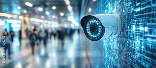 Security camera mounted on a wall with a blurred background of people walking in a public space.