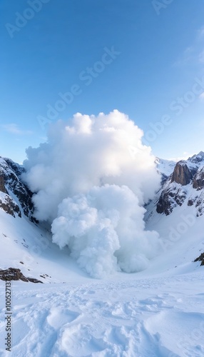 Dramatic snow avalanche descending from the mountains against a clear blue sky