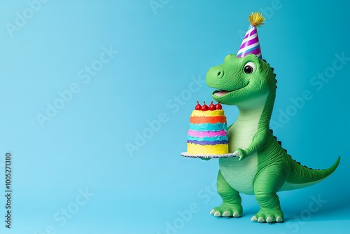Fototapeta Naklejka Na Ścianę i Meble -  A cute green cartoon dinosaur wearing a birthday hat holds a rainbow cake against a blue background.