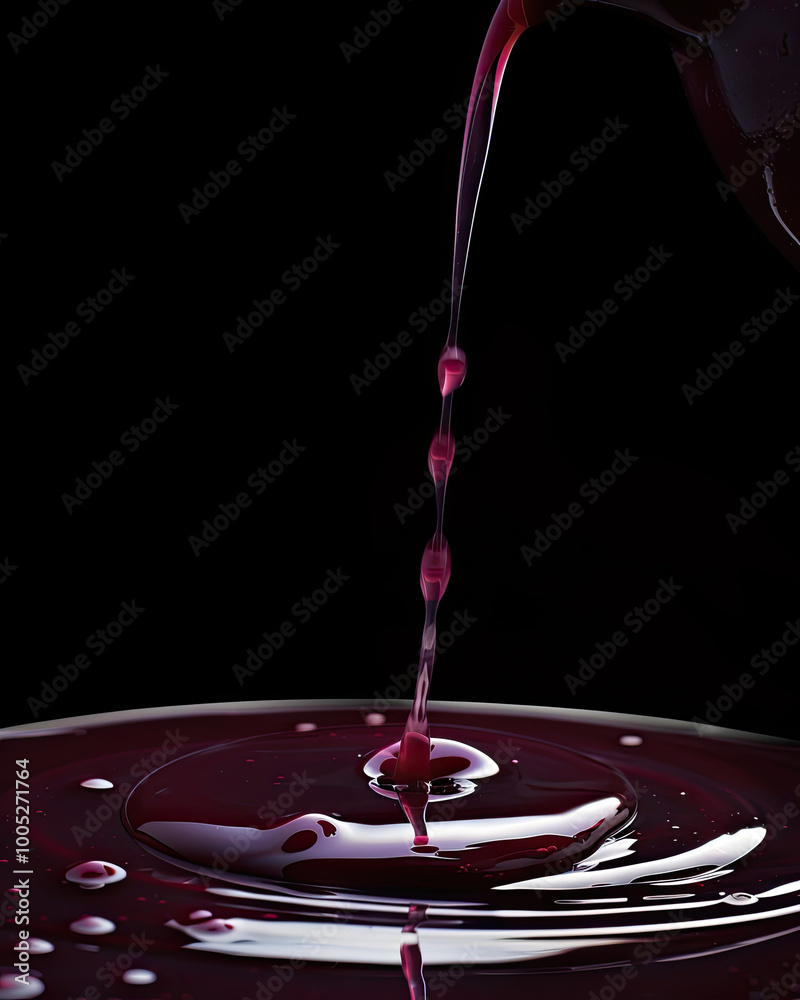 Berry syrup pours from jug; thick stream, scattered droplets, glossy on black, rich texture.