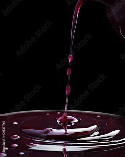 Obraz na płótnie Berry syrup pours from jug; thick stream, scattered droplets, glossy on black, rich texture. w salonie