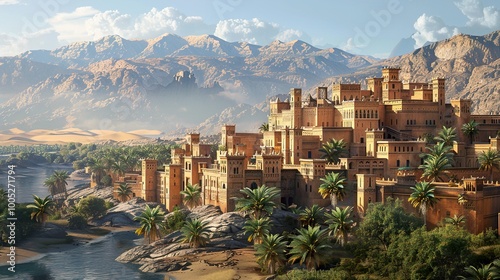 Ancient Fortress in the Desert: A Majestic Oasis Landscape
