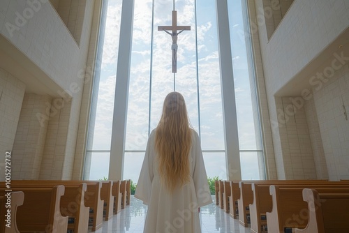 Woman in White Robe Standing in a Church with a Crucifix Visible Through a Large Window photo