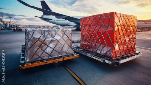 Two cargo pallets at an airport under a vibrant sunset sky. photo