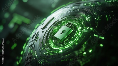 An abstract representation of a globe composed of green circuitry, featuring a digital padlock in the center, illustrating the innovative concepts of cyber resilience and protection