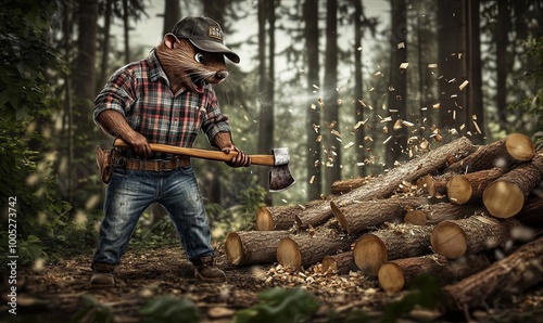 A lumberjack with a beaver head chops wood in a forest.