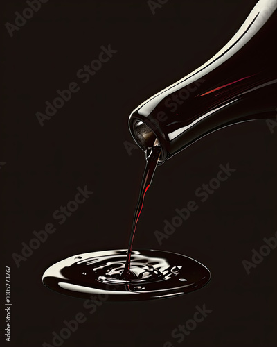 Balsamic vinegar pours; thin, smooth stream, tiny droplets, glossy on black, rich texture.