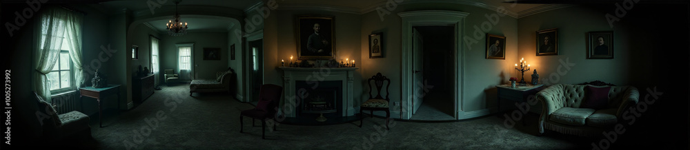 Fototapeta premium 360 degree spooky Halloween haunted house, with cobweb-covered furniture. HDRI spherical panorama.