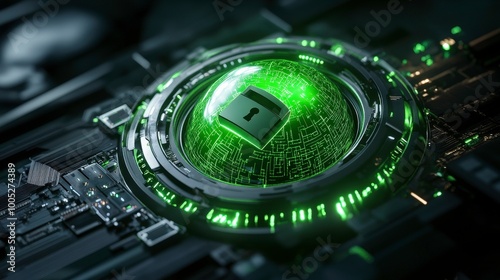 A sleek digital interface showing a rotating green globe with a padlock effect, overlaying a complex circuit board, indicating the future of cybersecurity and protective measures