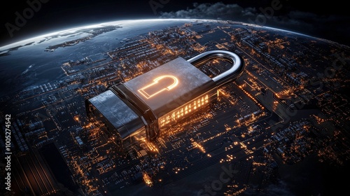An illuminated circuit board design forming the shape of a globe, with a digital padlock superimposed, representing modern cybersecurity efforts and strategic resilience planning