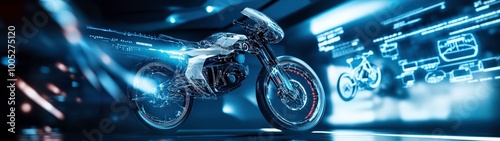 A dynamic training simulation environment showing a futuristic human-powered bike being tested in a virtual reality space. The room is filled with holographic displays and blueprints that outline