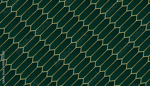 Abstract background with dark green hexagon pattern and seamless golden lines.