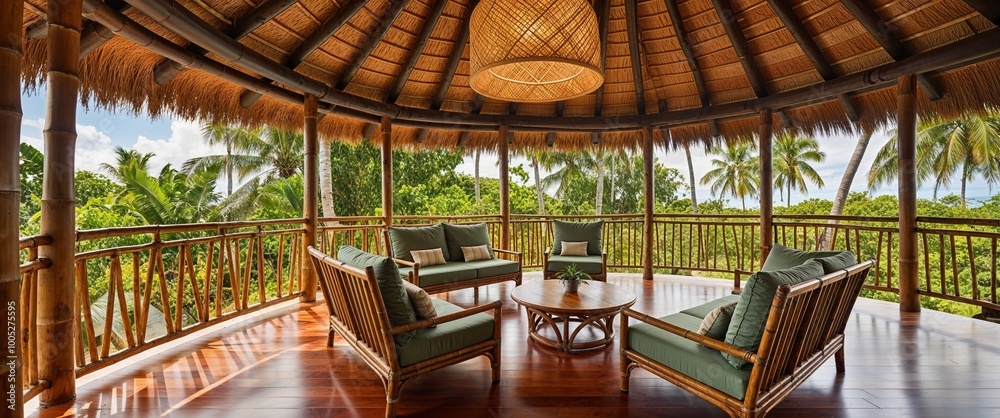 tropical, open-air bamboo structure with a thatched roof, providing a serene and natural ambiance tropical, open-air bamboo structure with a thatched roof, providing a serene and natural ambiance