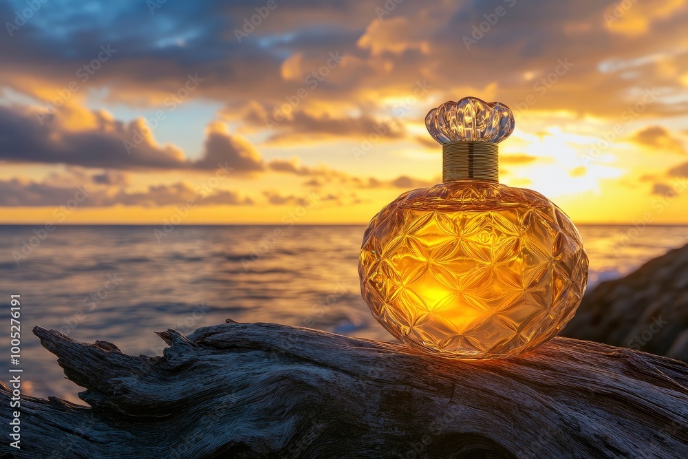 A golden transparent perfume bottle with drops on a log. Close-up. In the background, the ocean and cloudy sunset sky. Bottom view. Concept of International Fragrance Day. with generative ai A golden transparent perfume bottle with drops on a log. Close-up. In the background, the ocean and cloudy sunset sky. Bottom view. Concept of International Fragrance Day. with generative ai
