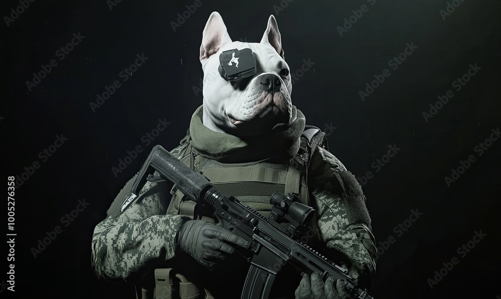 A white bulldog wearing a military uniform and holding a rifle.