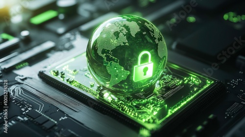 A glowing green globe surrounded by a translucent digital padlock, set against a high-tech circuit board background, symbolizing global cybersecurity resilience and digital protection  #1005276528