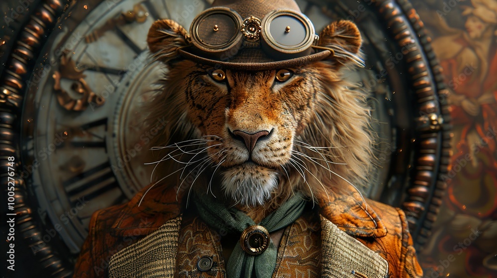 Obraz premium Steampunk Lion with Goggles and Clockwork Background